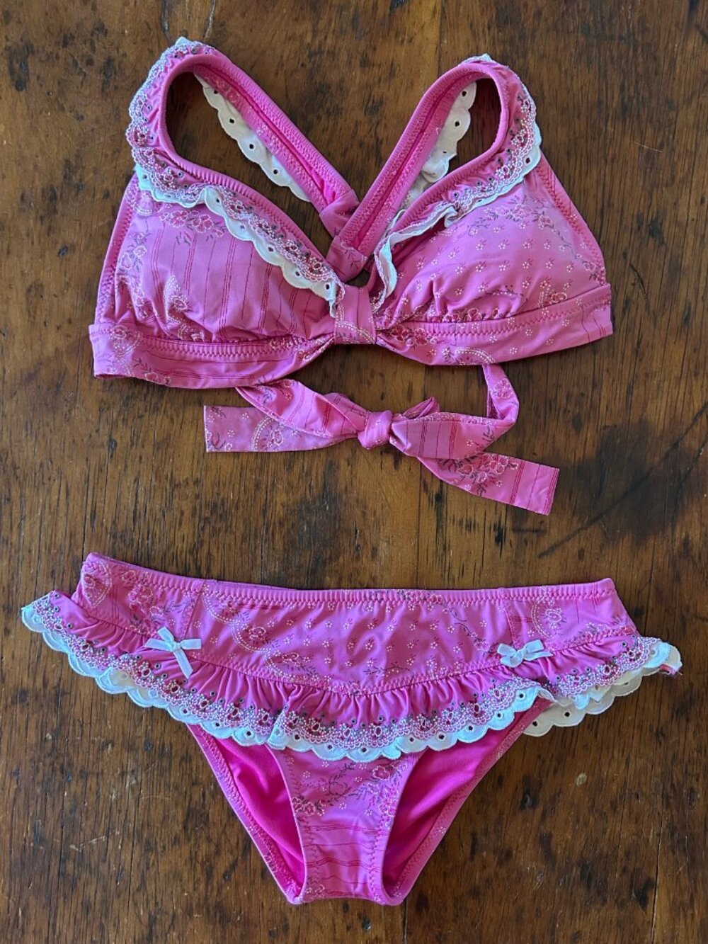 Vintage Betsey Johnson Pink Tea Party Ruffle Eyelet Skirted Bikini Set
